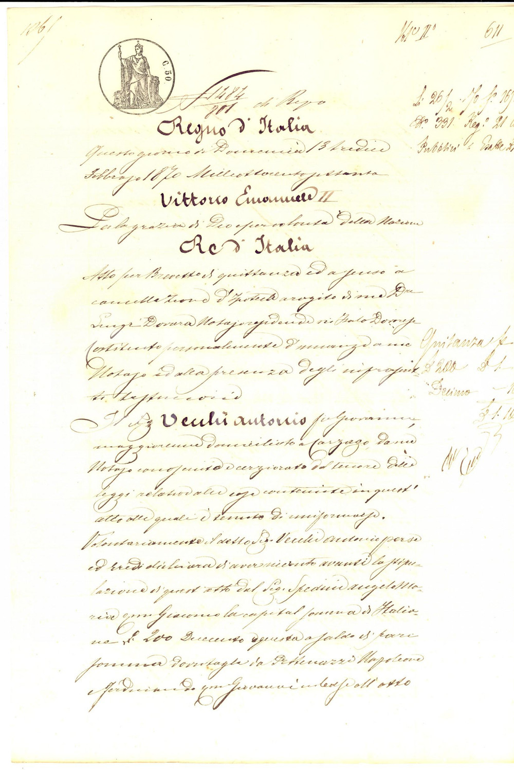 Documento originale, autentico 1870 CARZAGO / CASALMAGGIORE Quietanza Antonio VECCHI ad Angelo Maria SPEDINI 1
