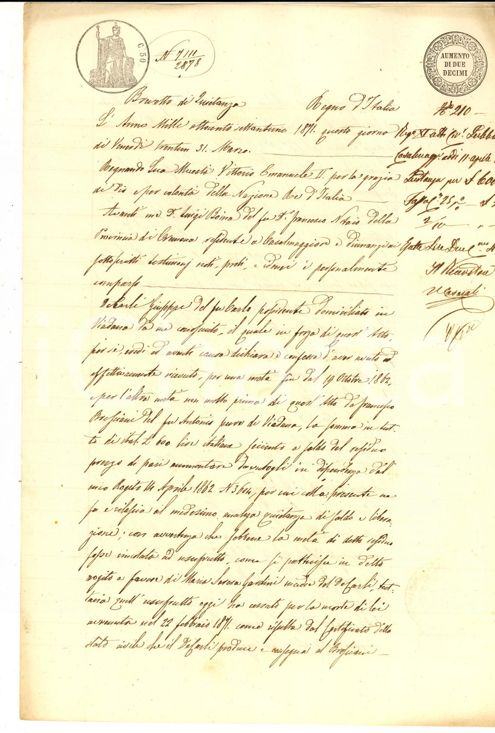 Documento originale, autentico 1871 VIADANA MN Quietanza di Giuseppe DE CARLI a Francesco BRESCIANI 1
