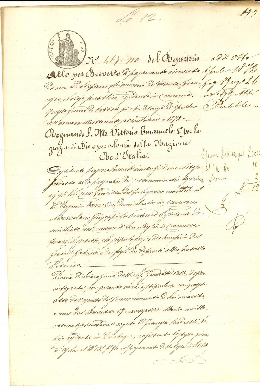 Documento originale, autentico 1872 CREMONA Cessione di credito Giuditta CELLI  Giovanni SCOTTI Manoscritto 1