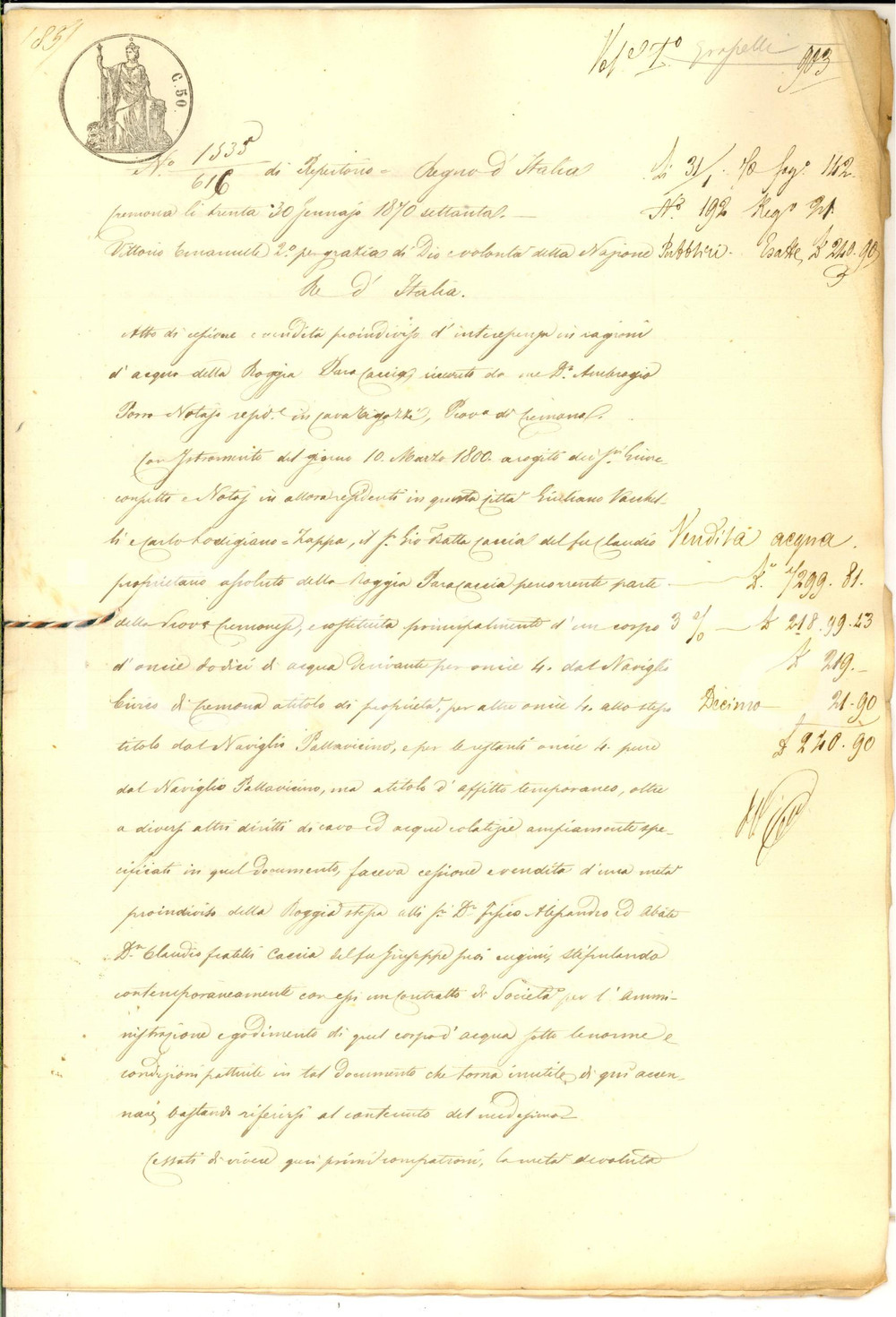 Documento originale, autentico 1870 CREMONA Luigia CACCIA VERGANI vende acque della roggia PARACACCIA 1