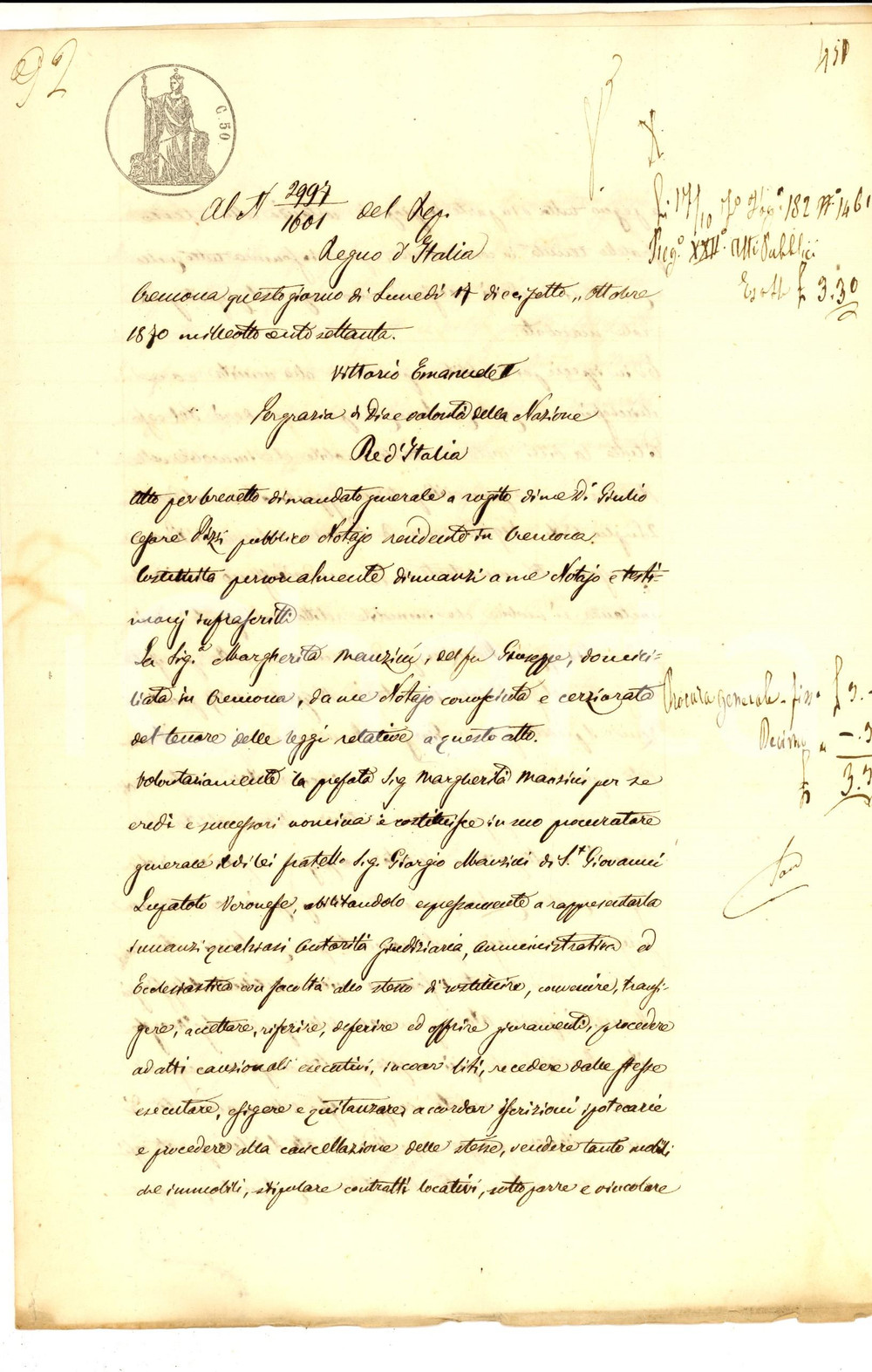 Documento originale, autentico 1870 CREMONA Procura di Margherita MANZINI al fratello Giorgio Manoscritto 1