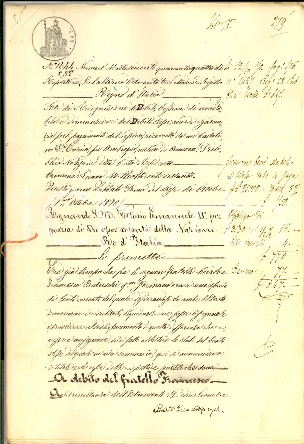 Documento originale, autentico 1870 CREMONA Cessione beni stabili tra i fratelli Carlo e Francesco BEDUSCHI 1