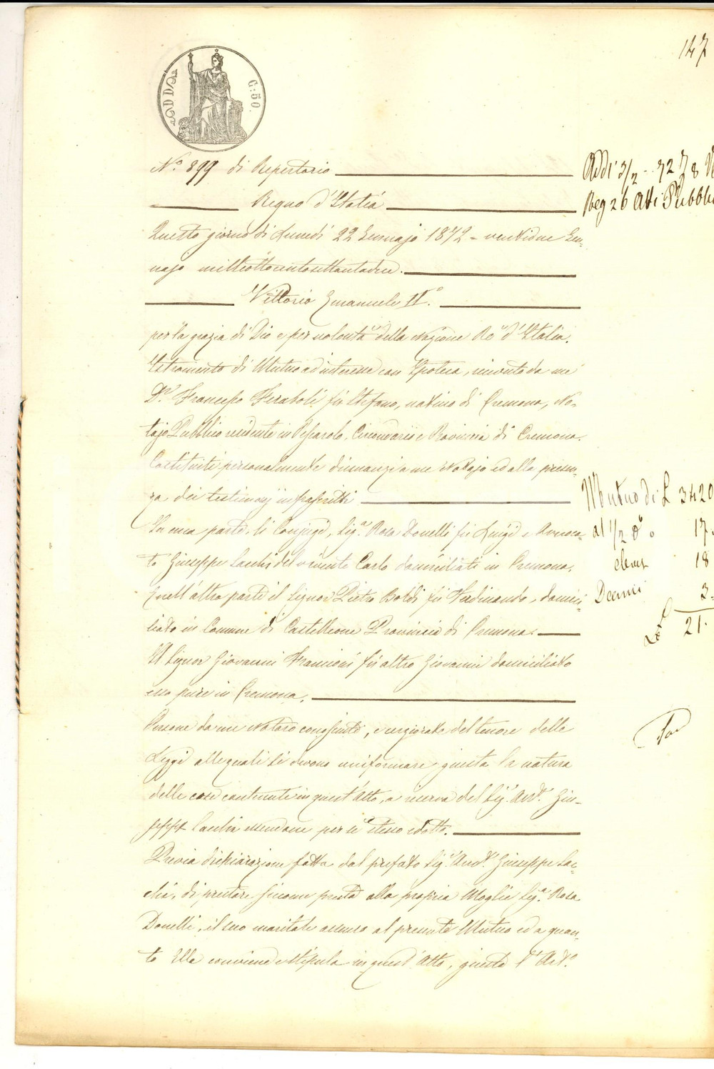 Documento originale, autentico 1872 CREMONA Contratto mutuo tra Pietro BOLDI e Rosina DONELLI Manoscritto 1