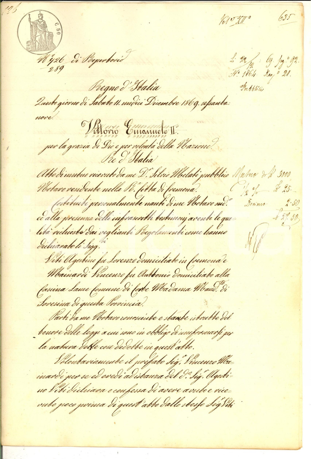 Documento originale, autentico 1869 CREMONA Contratto mutuo tra Vincenzo MAINARDI e Agostino VITI Manoscritto 1
