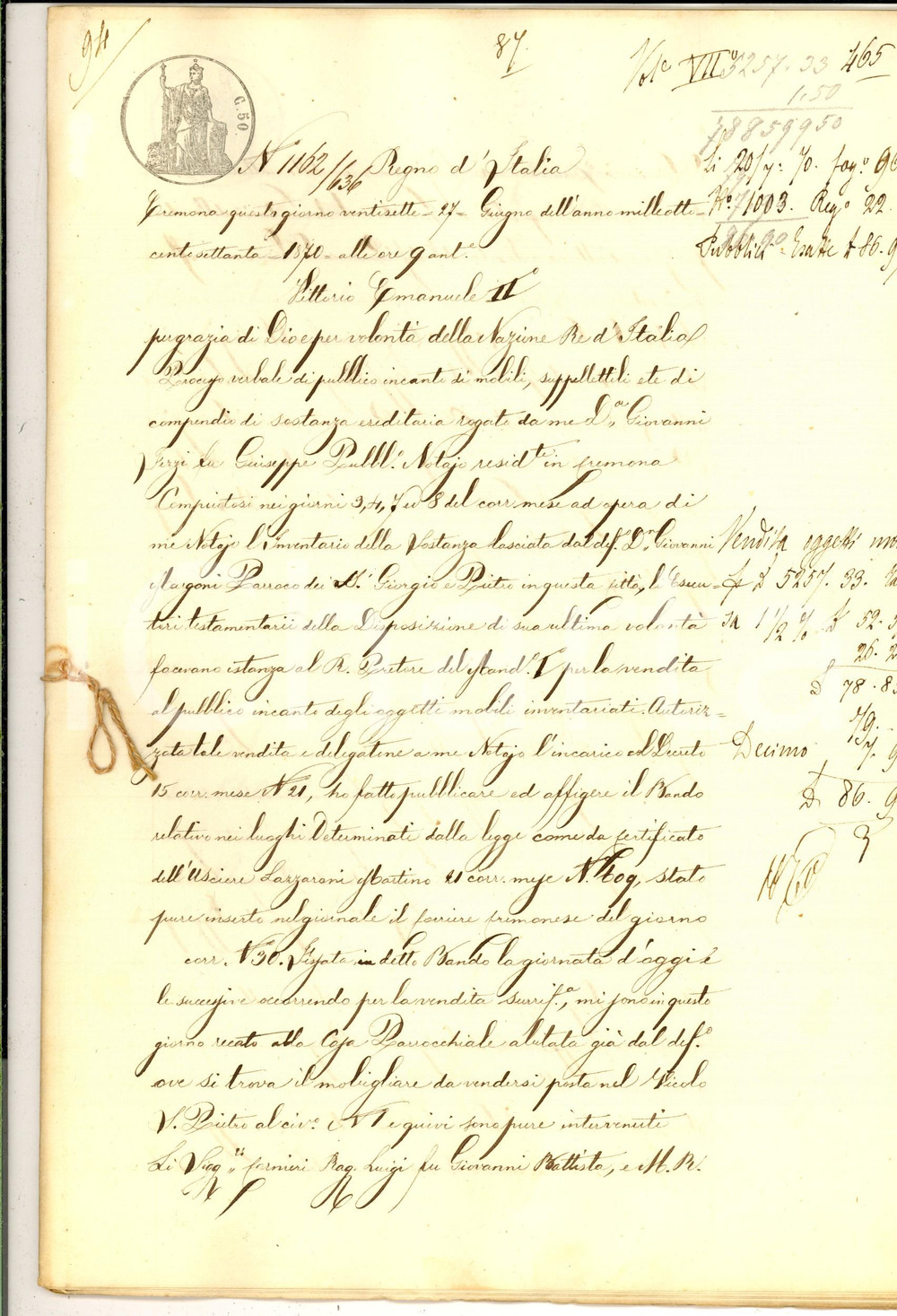 Documento originale, autentico 1870 CREMONA Vendita oggetti del defunto parroco don Giovanni MARGONI 24 pp. 1