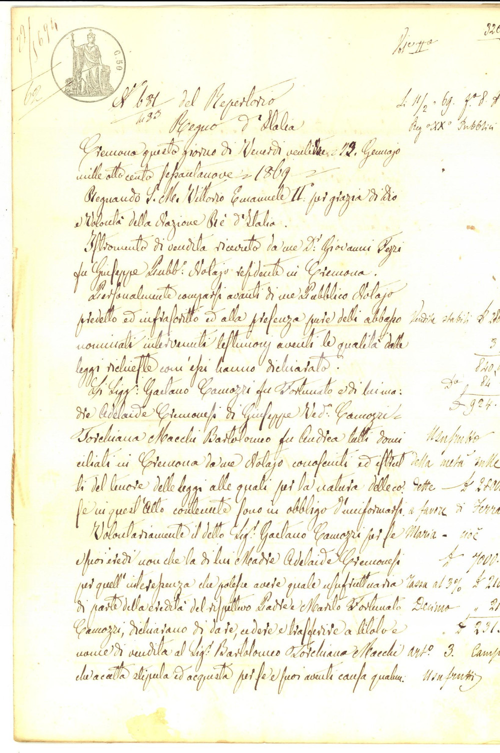 Documento originale, autentico 1869 ACQUANEGRA SUL CHIESE Gaetano CAMOZZI vende podere a Bartolomeo TORCHIANA 1
