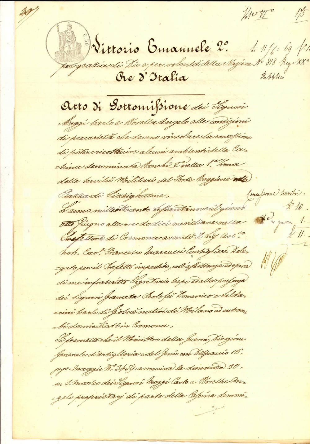 Documento originale, autentico 1869 PIZZIGHETTONE Atto sottomissione Carlo MOGGI per cascina  Servitù militare 1