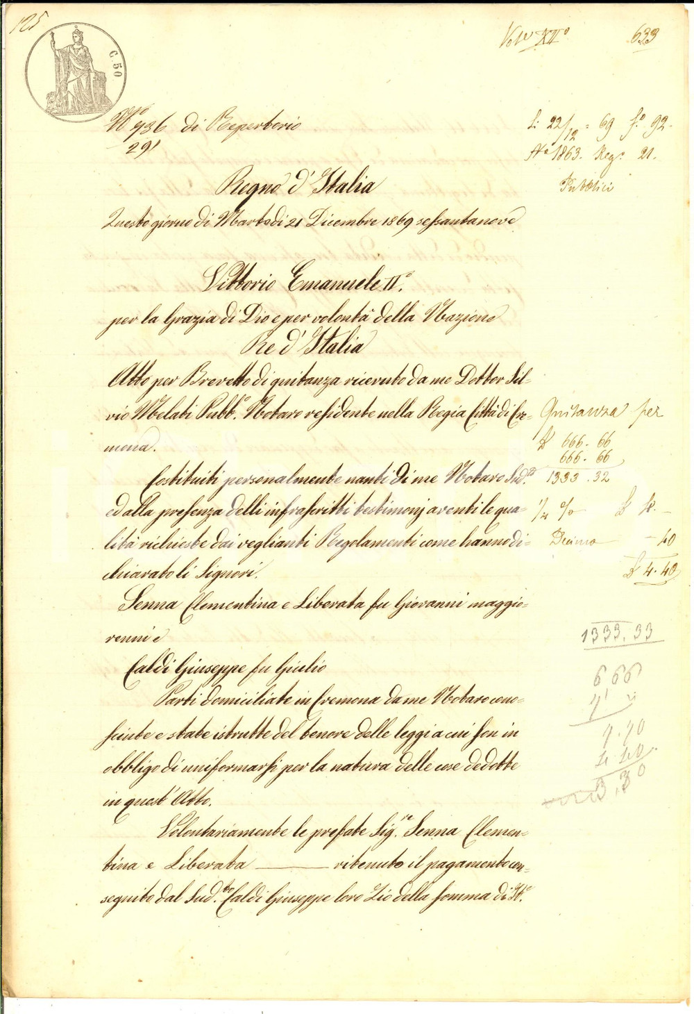 Documento originale, autentico 1869 CREMONA Quietanza di Clementina e Liberata SENNA pro Giuseppe CALDI 1