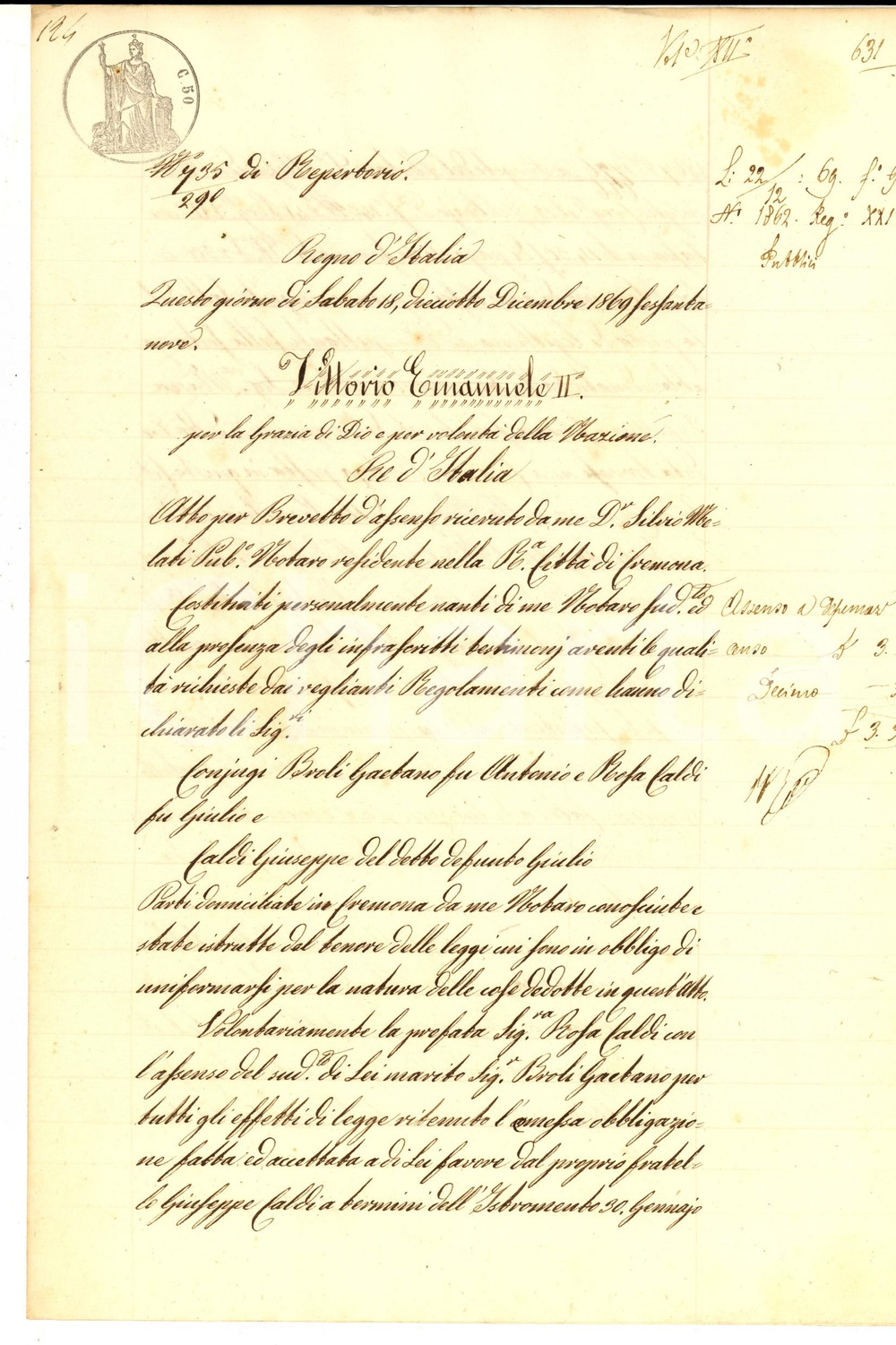 Documento originale, autentico 1869 CREMONA Quietanza di Rosa CALDI al fratello Giuseppe per quota ereditÃ  1