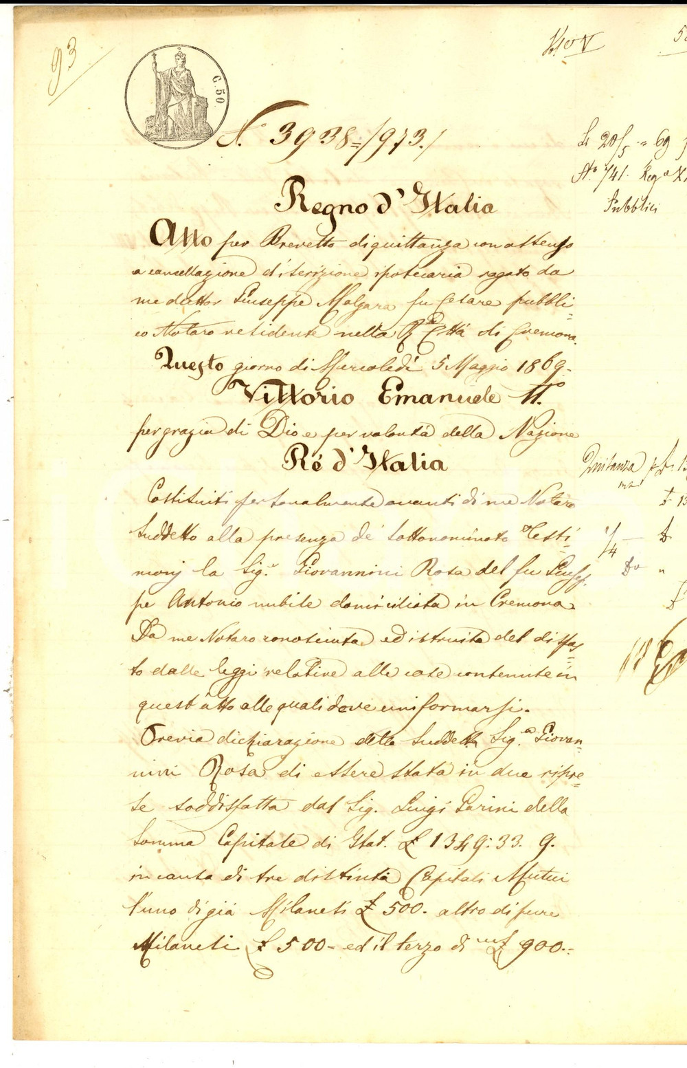 Documento originale, autentico 1869 CREMONA Quietanza di Rosa GIOVANNINI a Luigi PARINI per saldo vendita 1