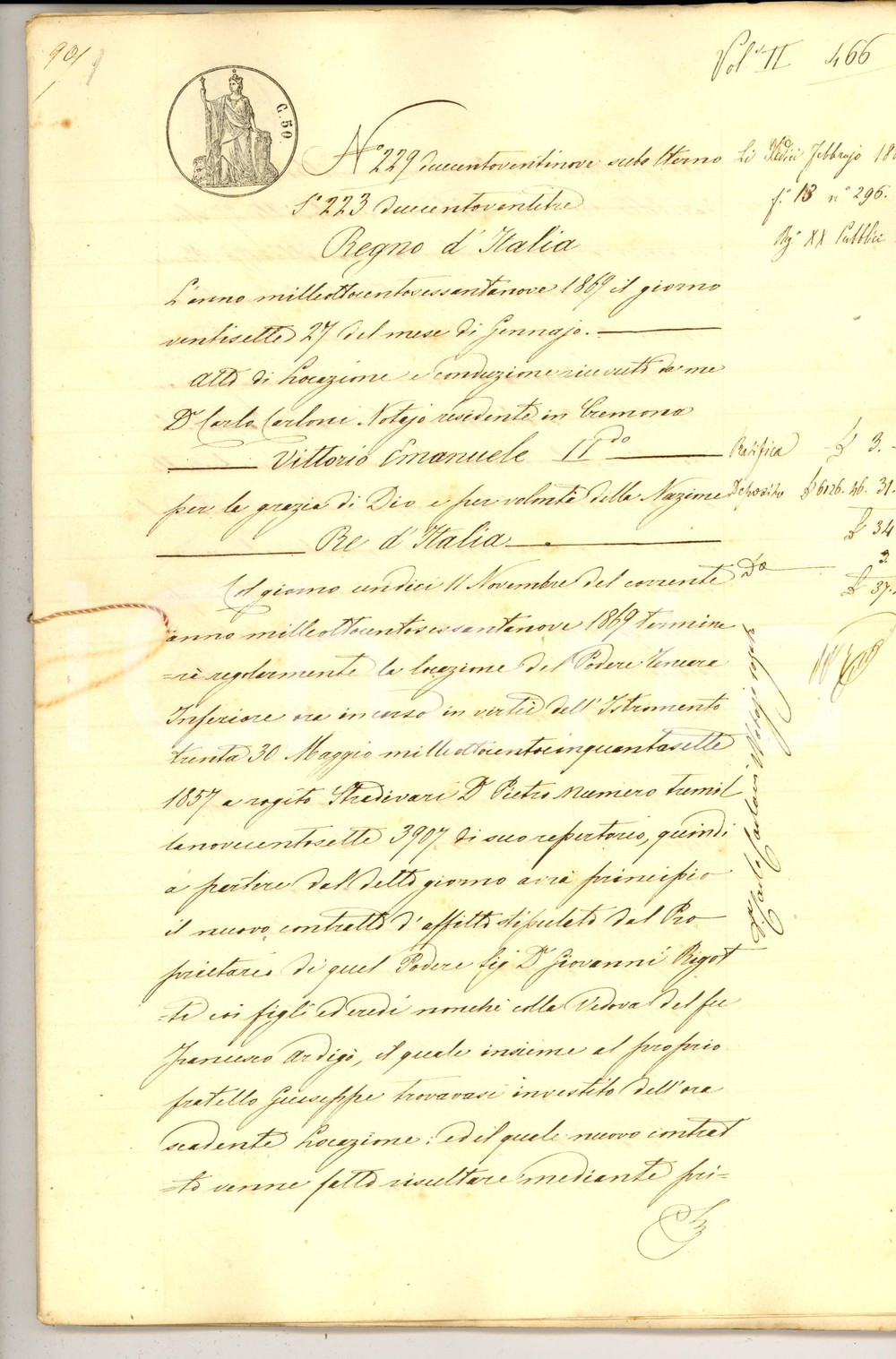 Documento originale, autentico 1869 PIZZIGHETTONE Ratifica contratto locazione terra di Giovanni RIGOTTI 70 pp. 1