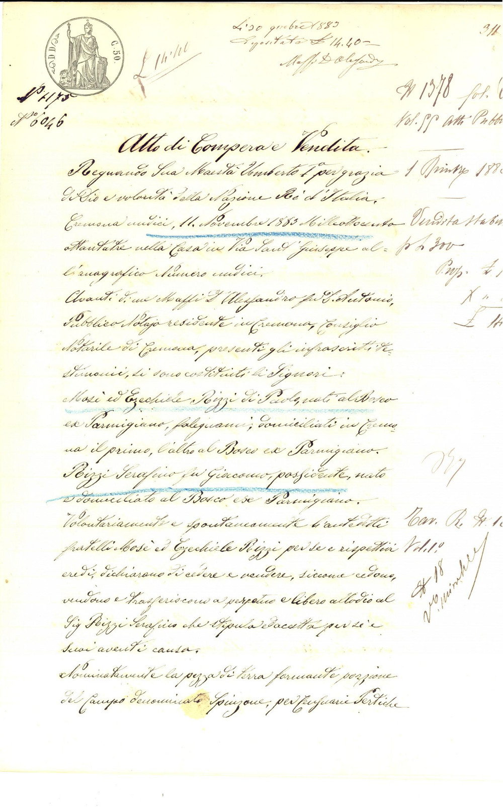 Documento originale, autentico 1883 GERRE DE  CAPRIOLI MosÃ¨ ed Ezechiele RIZZI vendono terra a Serafino RIZZI 1