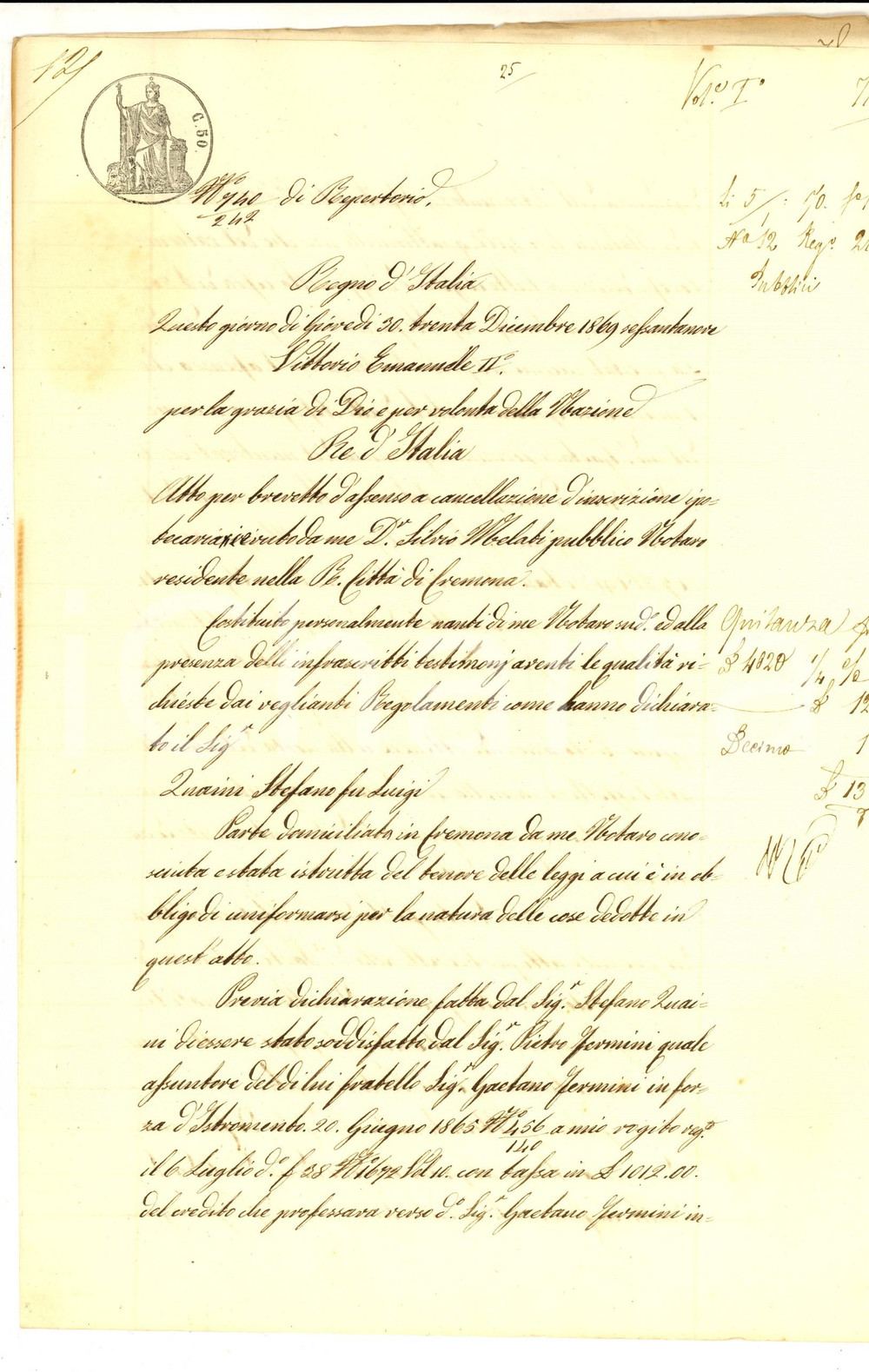 Documento originale, autentico 1869 CREMONA Quietanza di Stefano QUAINI pro Pietro FERMINI Manoscritto 1