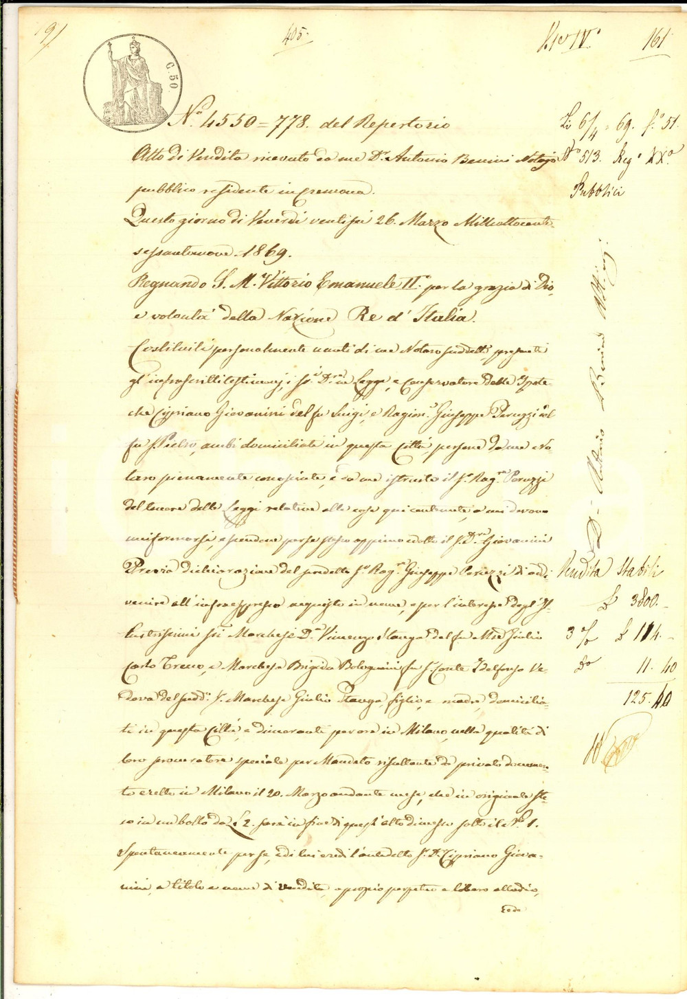 Documento originale, autentico 1869 GRUMELLO CREMONESE Don Cipriano GIOVANINI vende terra a marchese STANGA 1