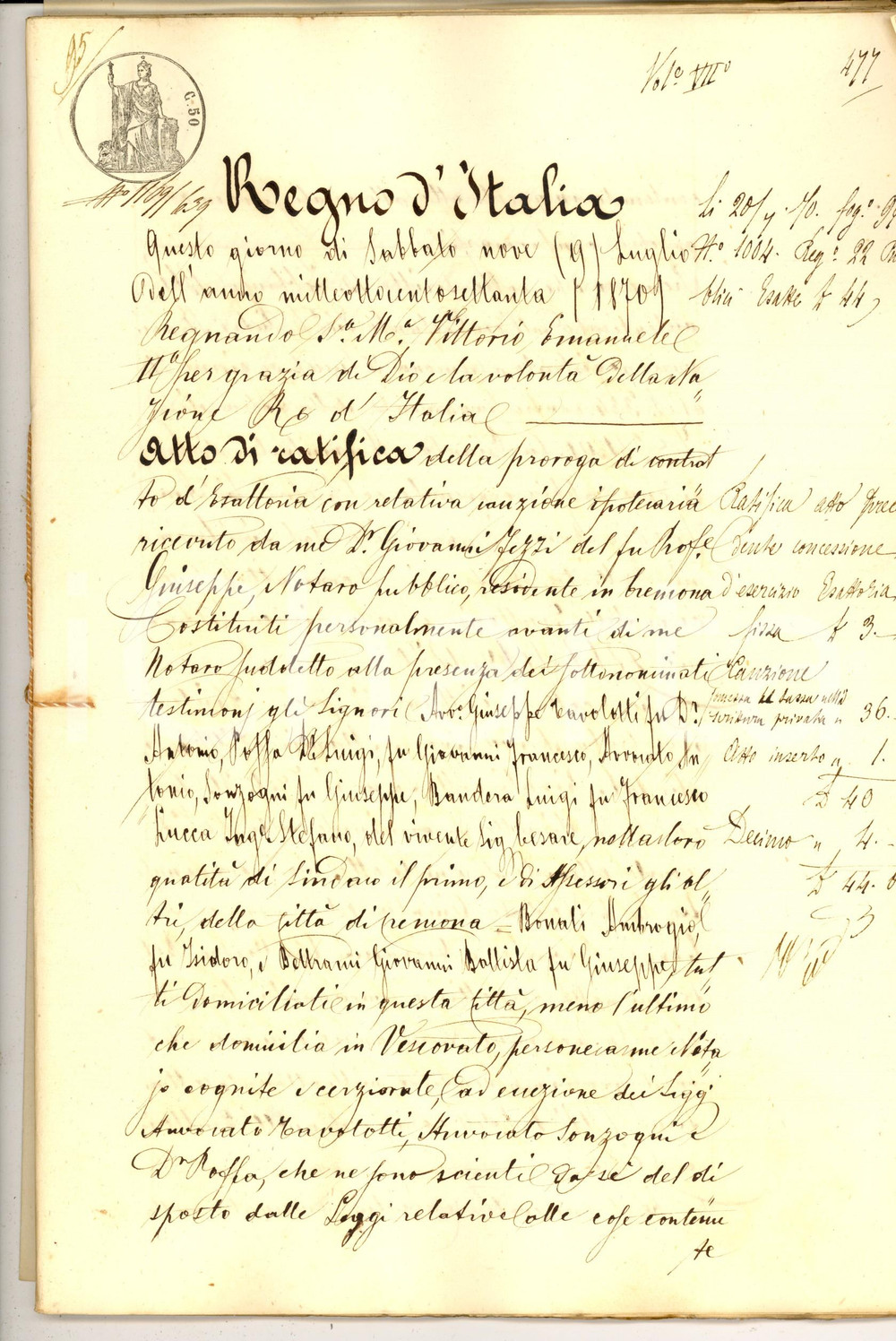 Documento originale, autentico 1870 CREMONA Atto di ratifica contratto esattoria pro Ambrogio BONATI 52 pp. 1