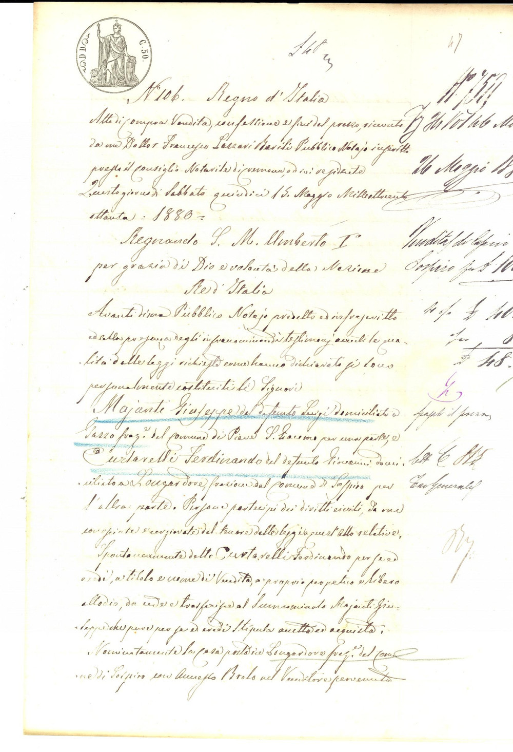 Documento originale, autentico 1880 LONGARDORE CR Ferdinando CURTARELLI vende casa a Giuseppe MAJANTI 1