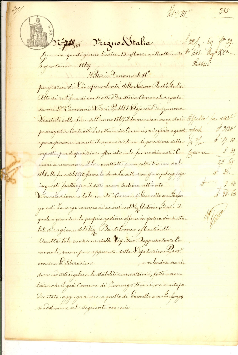 Documento originale, autentico 1869 ZANENGO/ GRUMELLO CREMONESE Concessione esattoria ad Antonio FUSCHI 1