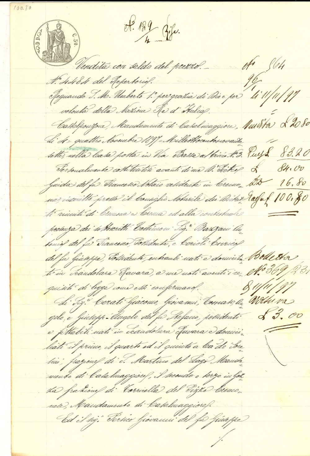 Documento originale, autentico 1897 MOTTA BALUFFI CR Fratelli CERATI vendono terra a Giovanni PERSICO 1