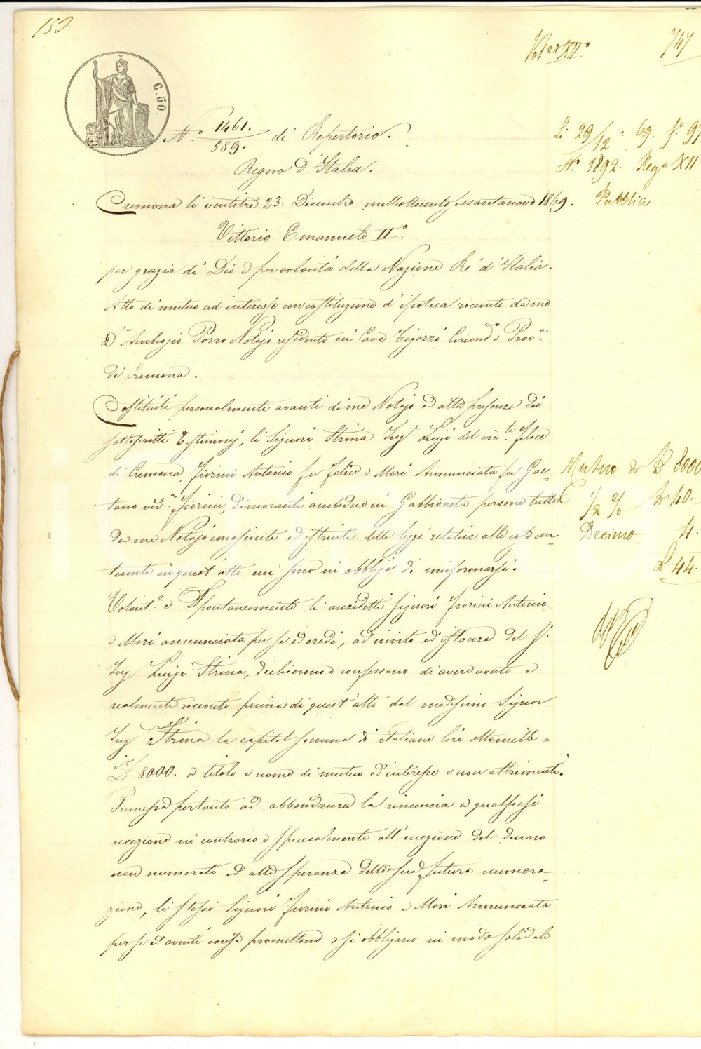 Documento originale, autentico 1869 GABBIONETA Prestito dell ing. Luigi STRINA ad Antonio FIORINI Manoscritto 1
