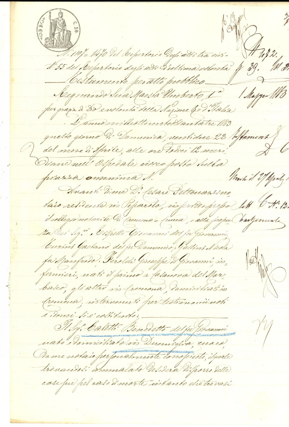 Documento originale, autentico 1883 DUEMIGLIA / CREMONA Testamento di Benedetto CALETTI pro nipote Cesira 1