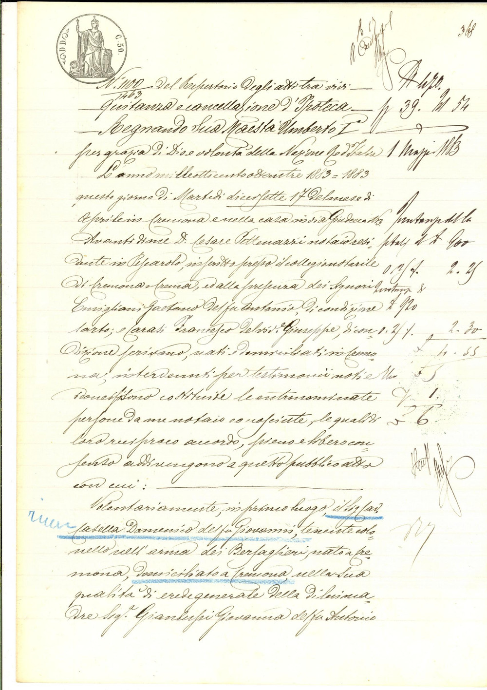 Documento originale, autentico 1883 DUEMIGLIA CREMONA Quietanza Domenico CASELLA a Martino MAGRI per quota casa 1