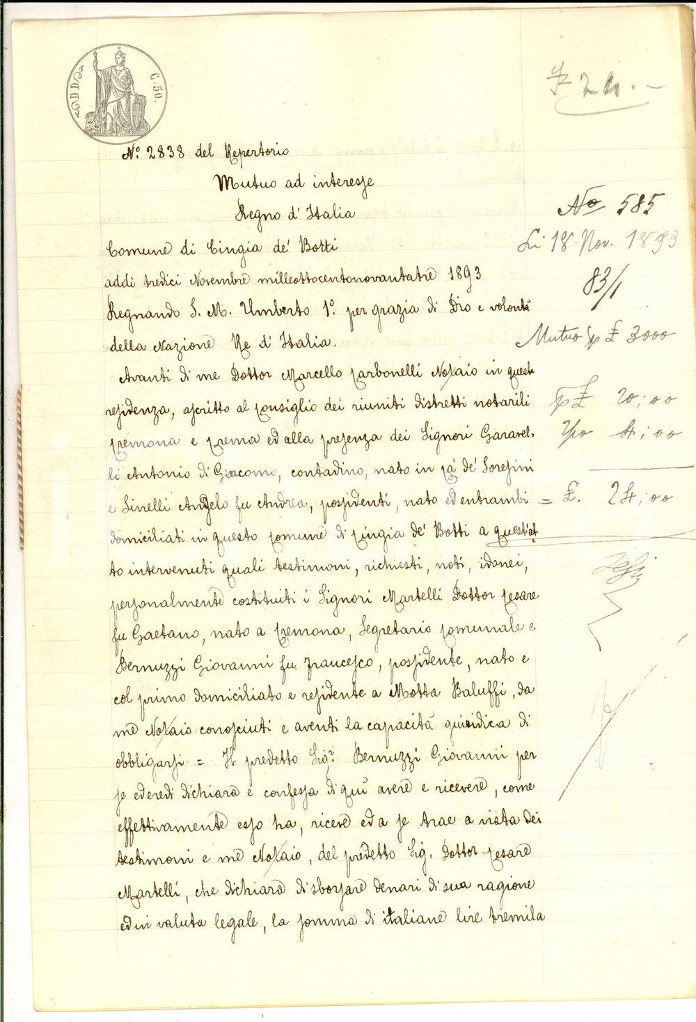 Documento originale, autentico 1893 CINGIA DE  BOTTI Contratto mutuo tra Giovanni BERNUZZI e Cesare MARTELLI 1