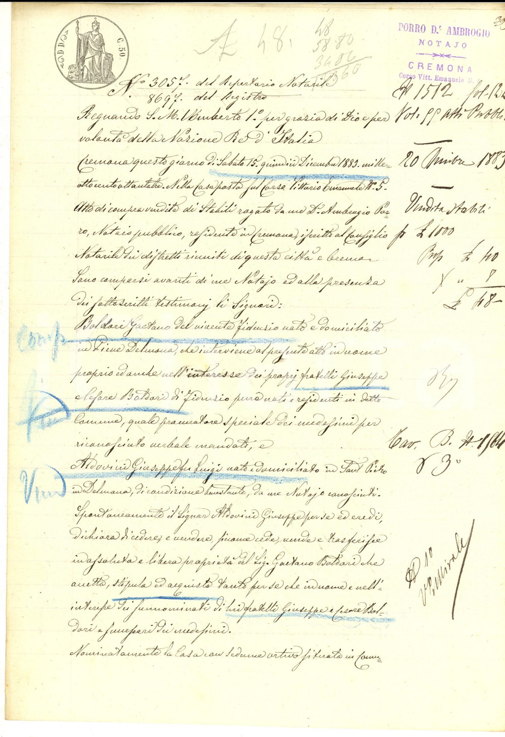 Documento originale, autentico 1883 PRATO MUZIO / PIEVE DELMONA Giuseppe ALDOVINI vende casa a Gaetano BALDARI 1
