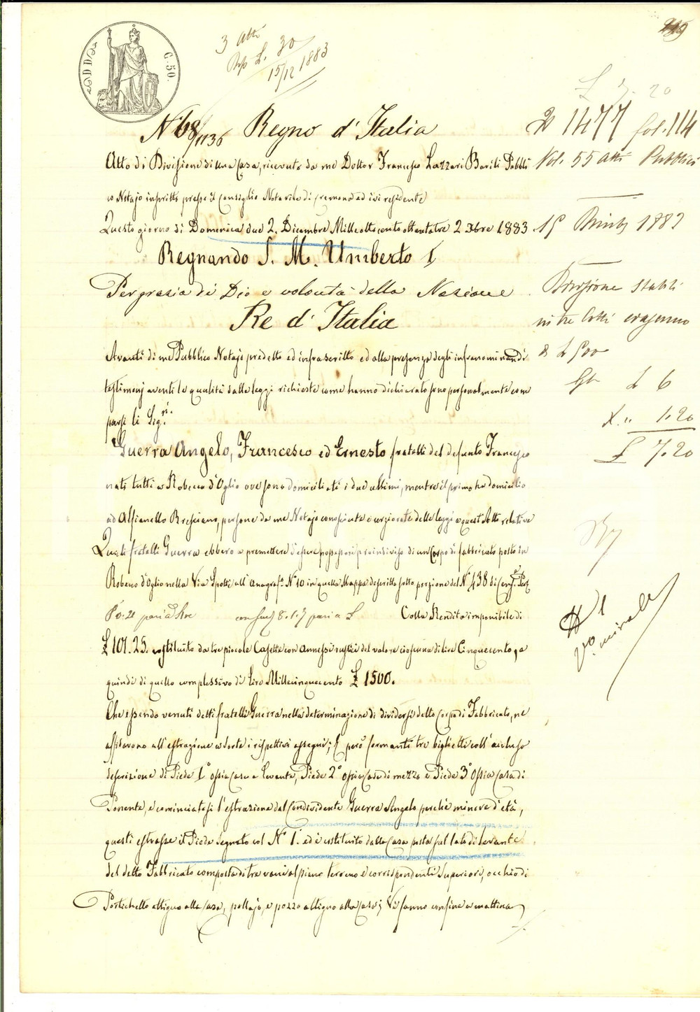 Documento originale, autentico 1883 ROBECCO D OGLIO Divisione stabili tra Angelo, Francesco ed Ernesto GUERRA 1