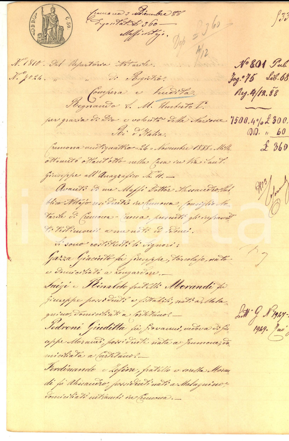 Documento originale, autentico 1888 LONGARDORE Luigi e Rinaldo MORANDI vendono caseggiato ai fratelli GAZZA 1