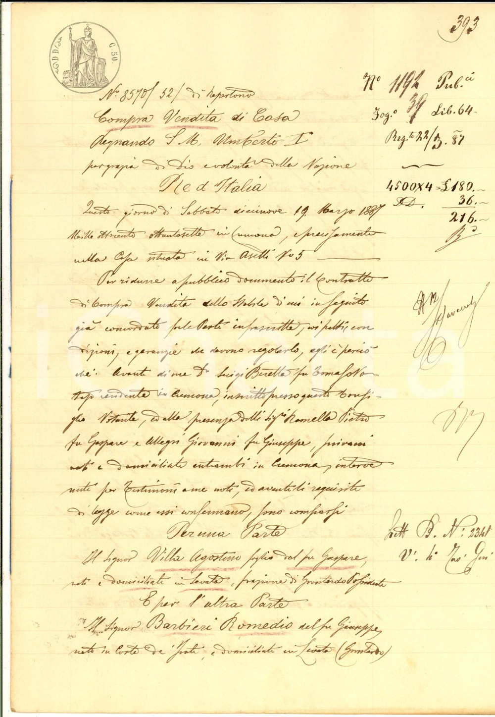 Documento originale, autentico 1887 LEVATA / GRONTARDO Agostino VILLA vende a Romedio BARBIERI parte osteria 1