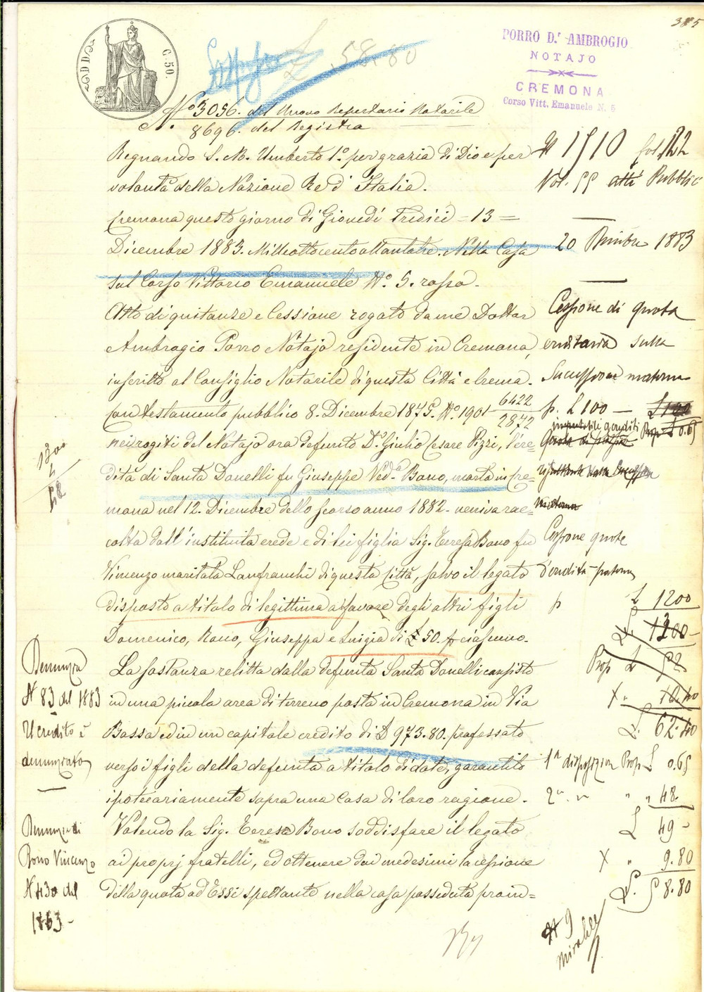 Documento originale, autentico 1883 CREMONA Cessione di quote di terreno tra gli eredi di Santa DANELLI 1