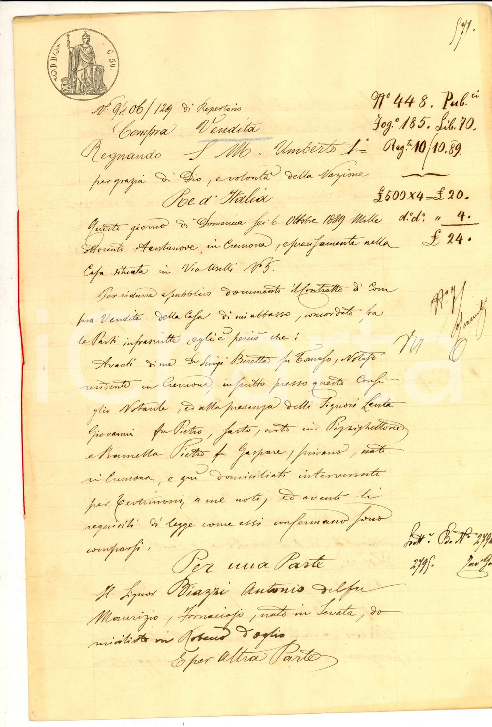 Documento originale, autentico 1889 LEVATA / GRONTARDO Antonio BIAZZI vende casa con aia a Giovanni BIAZZI 1