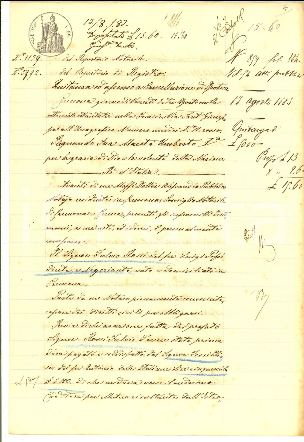Documento originale, autentico 1883 CREMONA Quietanza negoziante Fulvio ROSSI a Eliseo FROSI Manoscritto 1