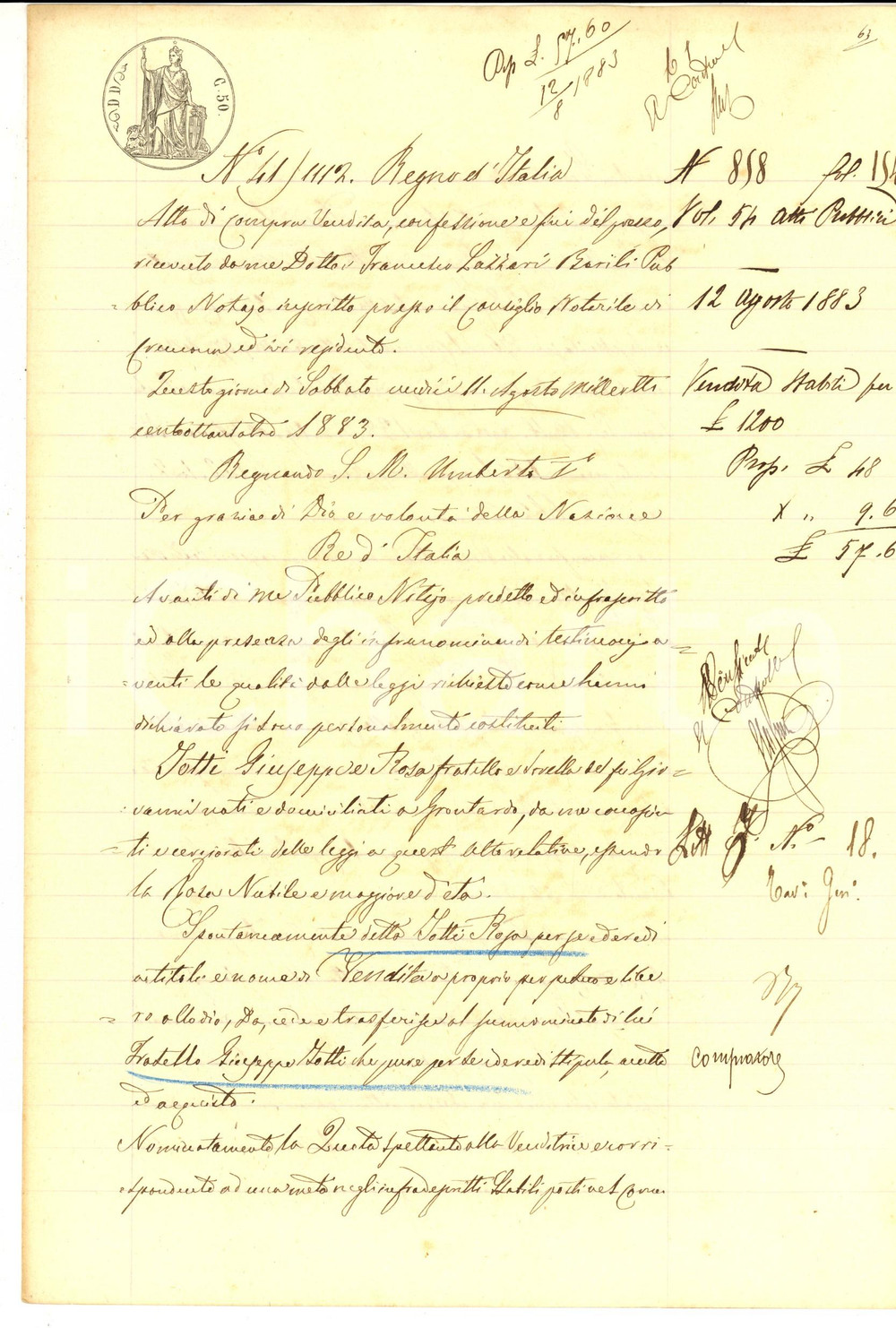 Documento originale, autentico 1883 GRONTARDO Rosa IOTTI vende quota casa al fratello Giuseppe Manoscritto 1