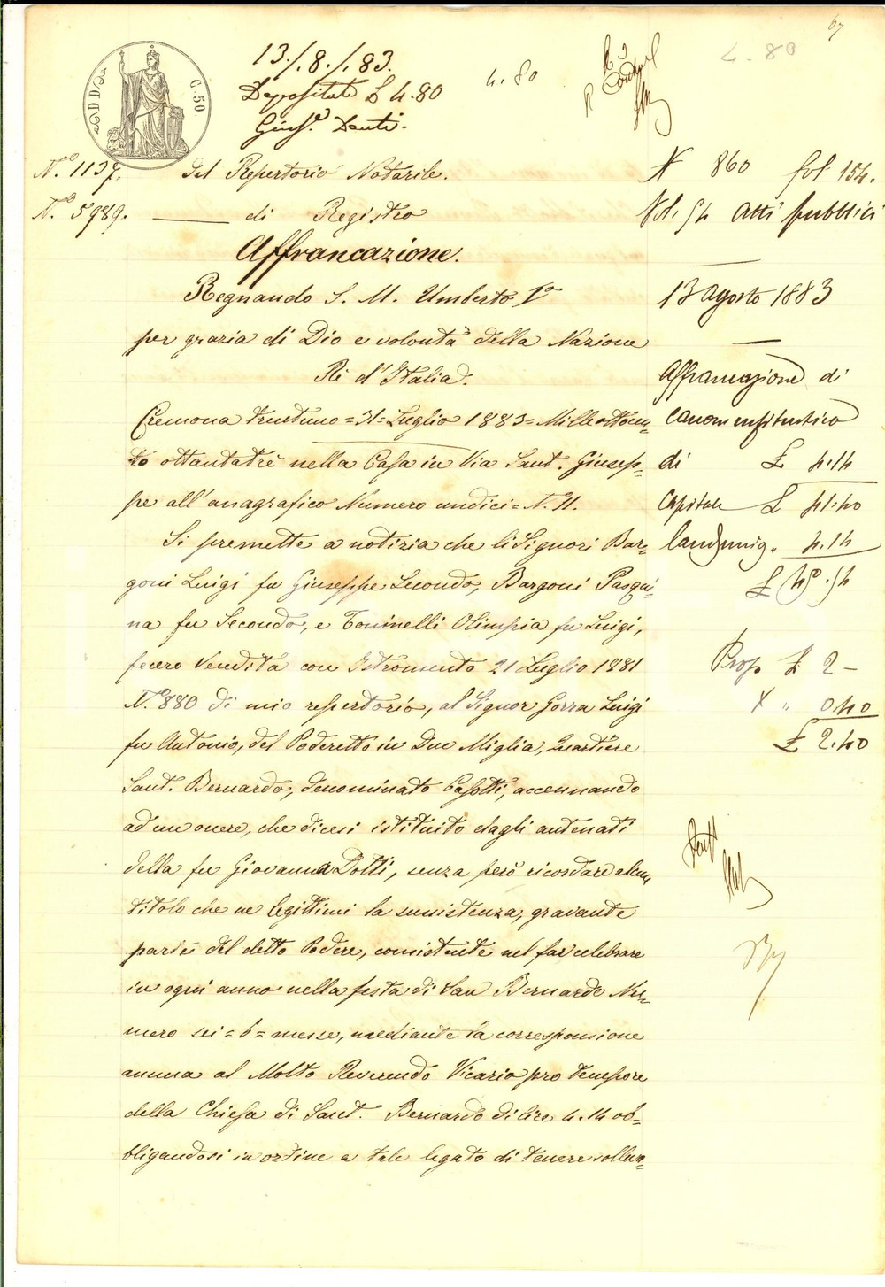 Documento originale, autentico 1883 DUEMIGLIA CREMONA Affrancazione enfiteusi Luigi BARGONI Chiesa S. BERNARDO 1
