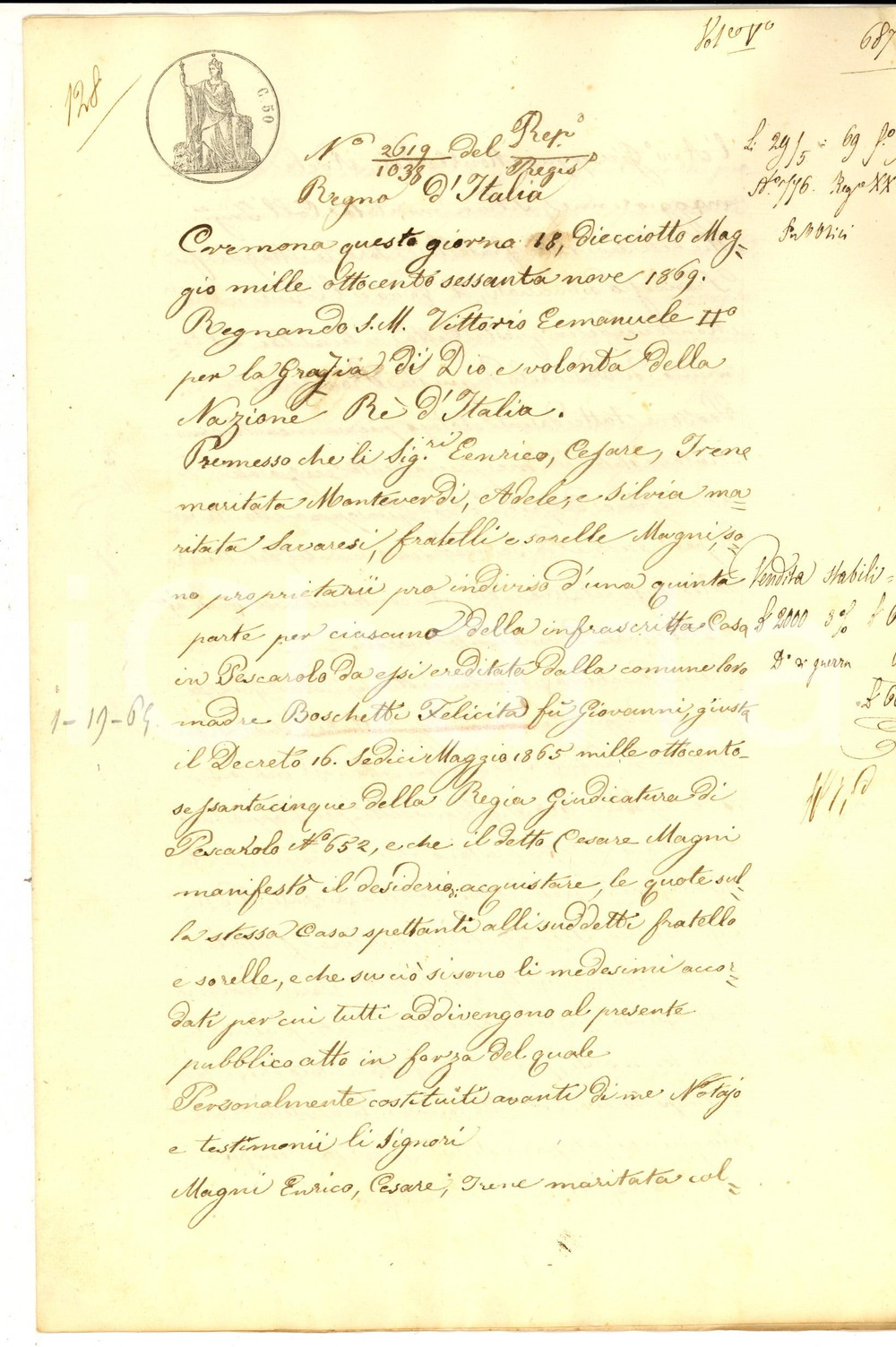 Documento originale, autentico 1869 PESCAROLO CR Cesare MAGNI acquista casa con bottega dai fratelli 1