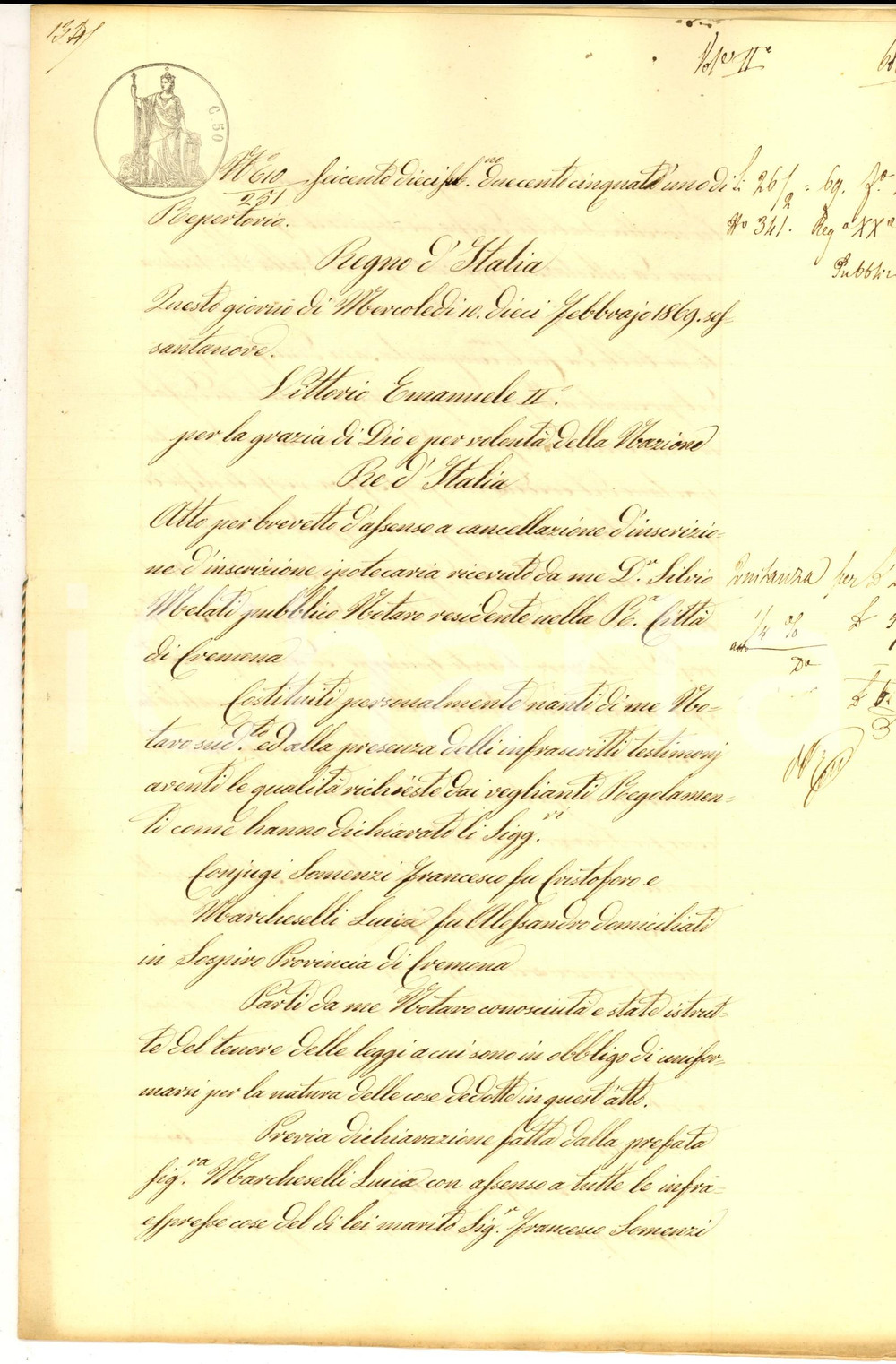 Documento originale, autentico 1869 SOSPIRO CR Quietanza di Lucia MARCHESELLI a eredi fratelli DILDA 1