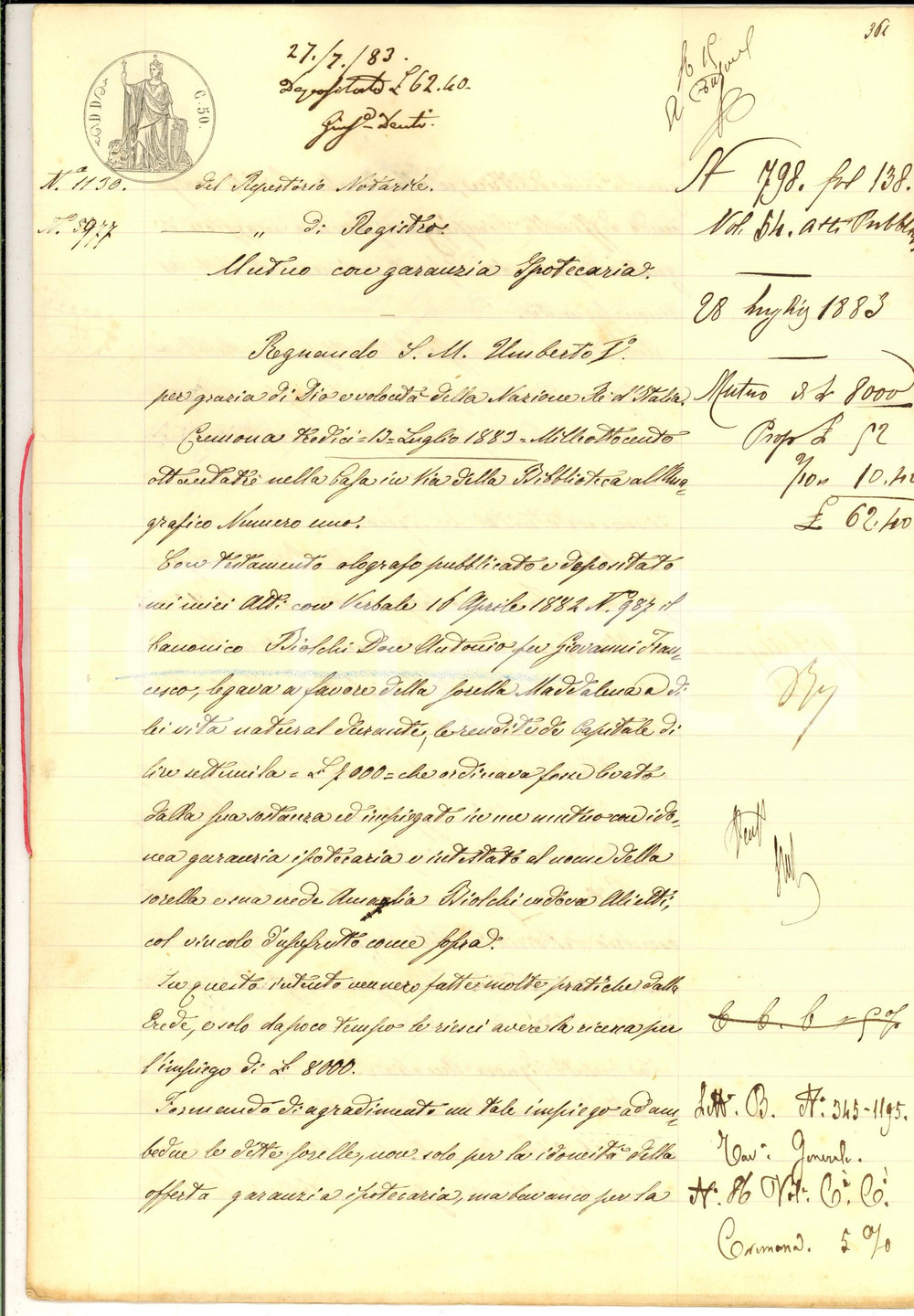 Documento originale, autentico 1883 CREMONA Contratto di mutuo tra Amalia BIOLCHI e nobile Maria DE ALBERTONI 1