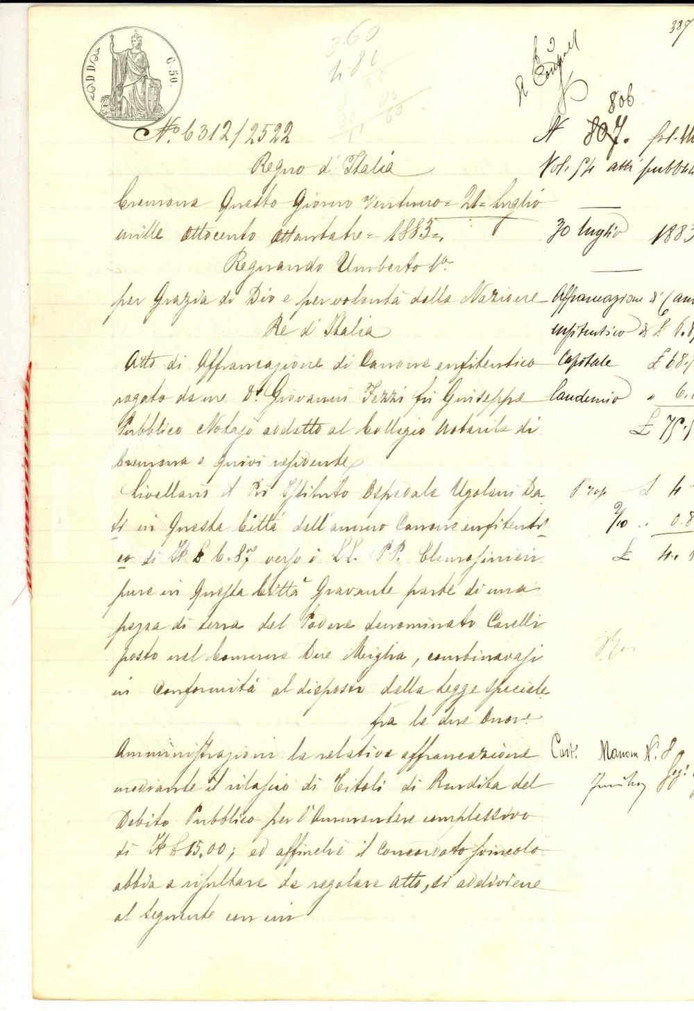 Documento originale, autentico 1883 CREMONA Affrancazione ospedale UGOLANI DATI da canone enfiteutico su podere 1