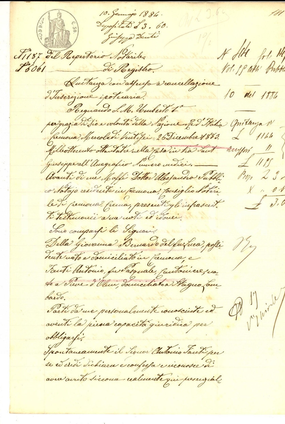 Documento originale, autentico 1883 STAGNO LOMBARDO Quietanza Antonio FANTI a Bernardo DELLA GIOVANNA per saldo 1