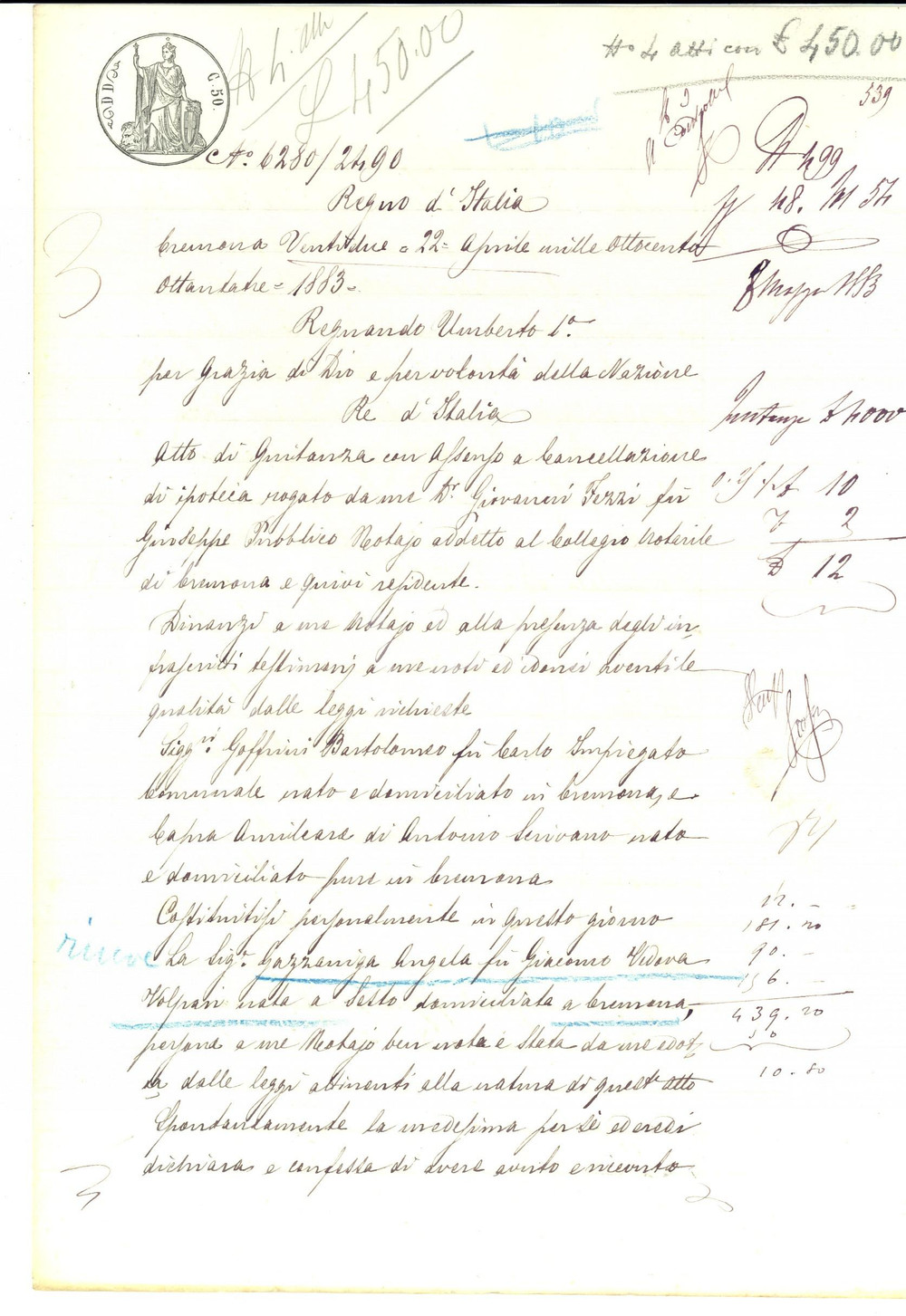 Documento originale, autentico 1883 CREMONA Quietanza di Angela GAZZANIGA a Elisa BORGHESI Manoscritto 1