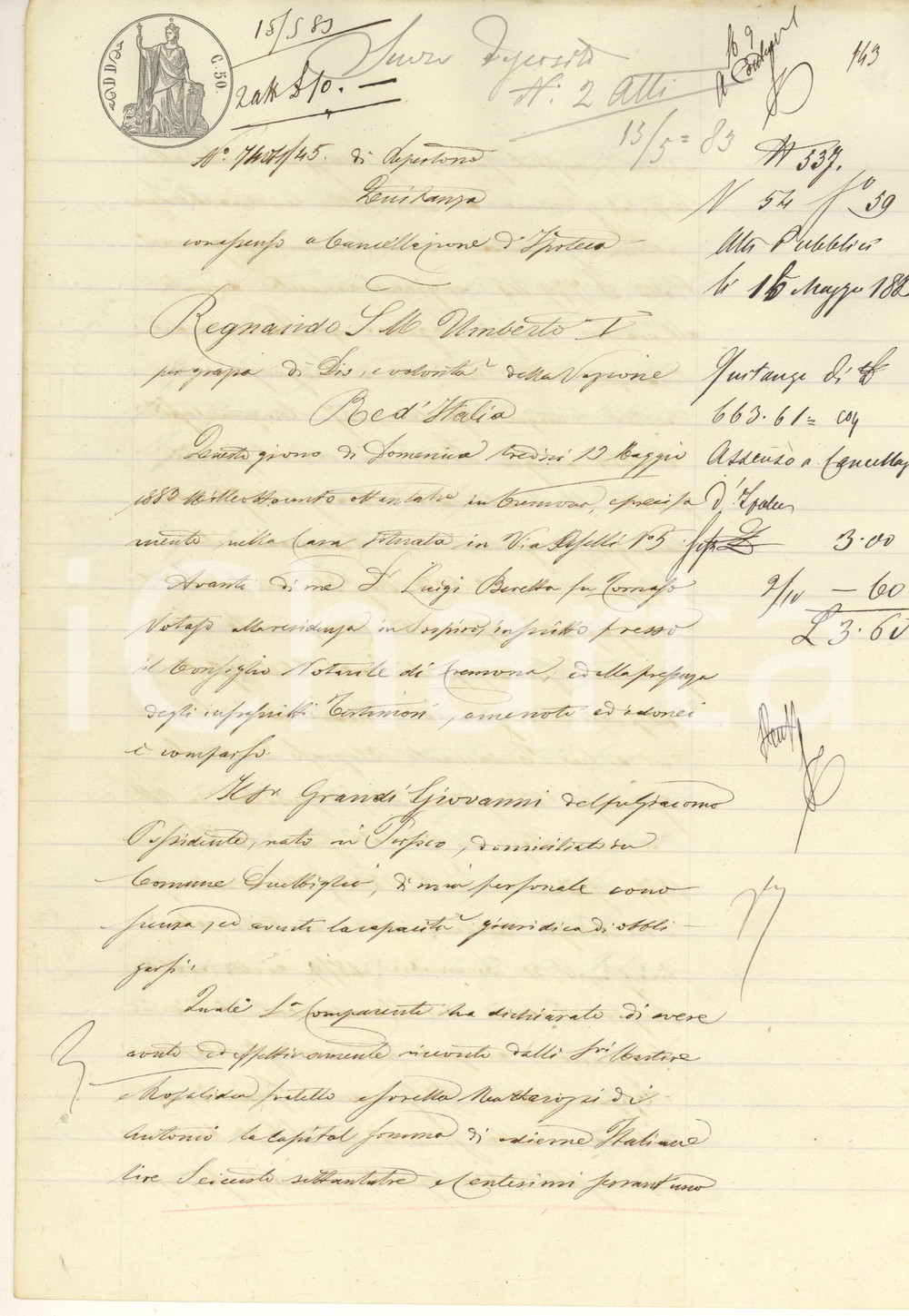 Documento originale, autentico 1883 CREMONA Quietanza Giovanni GRANDI a Martire e Rosalida MATTAROZZI 1