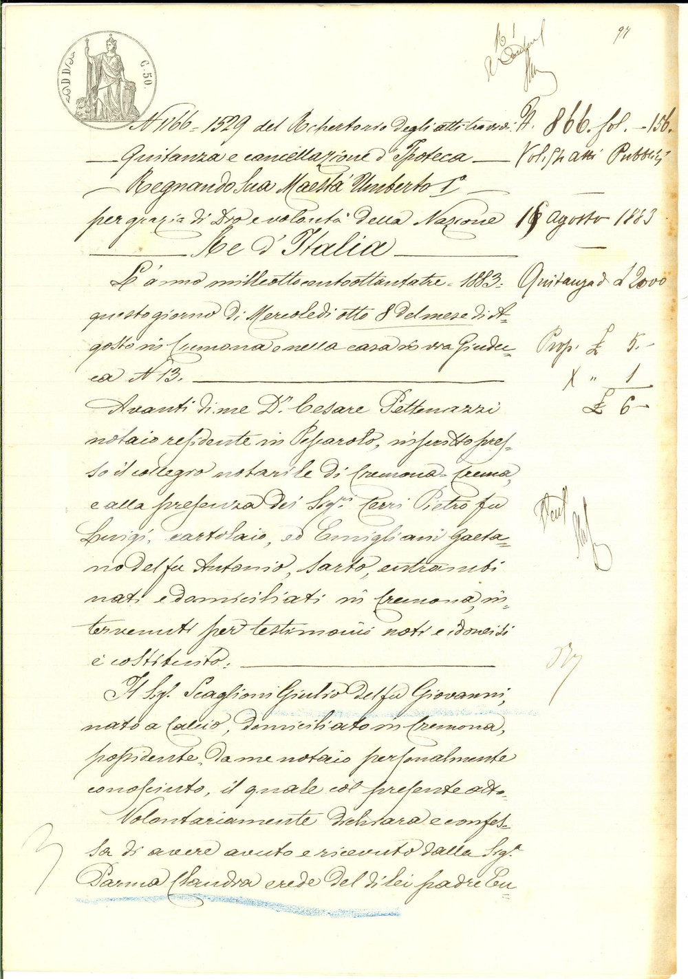 Documento originale, autentico 1883 CREMONA Quietanza di Giulio SCAGLIONI a Claudia PARMA per saldo debito 1