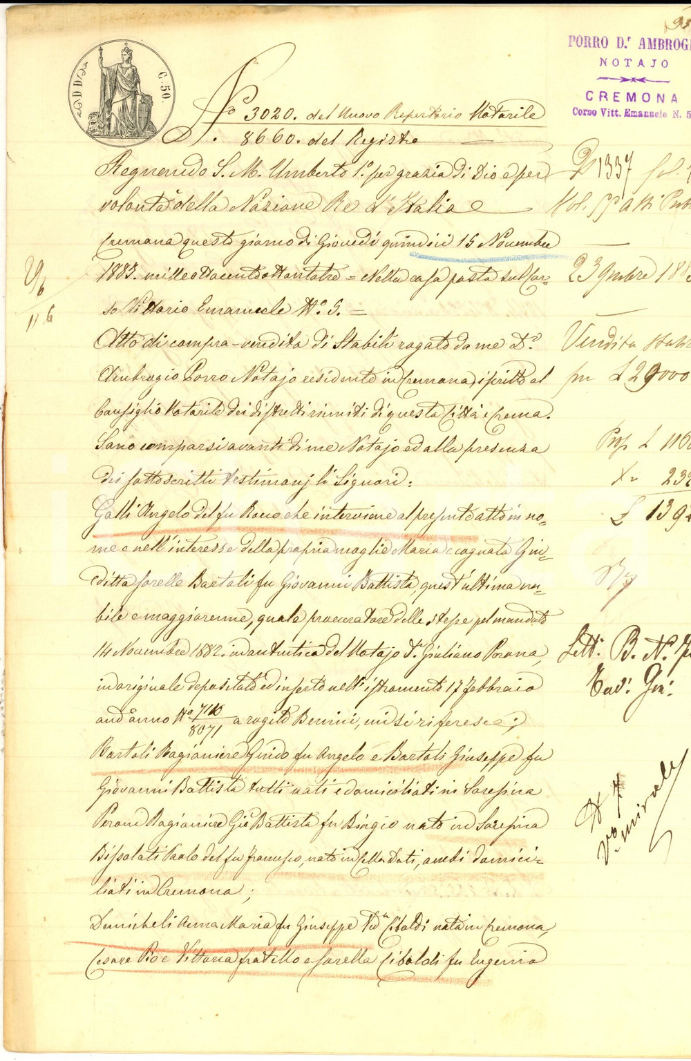 Documento originale, autentico 1883 LONGARDORE CR  Angelo GALLI vende a Paolo BISSOLATI poderetto STRADA 1
