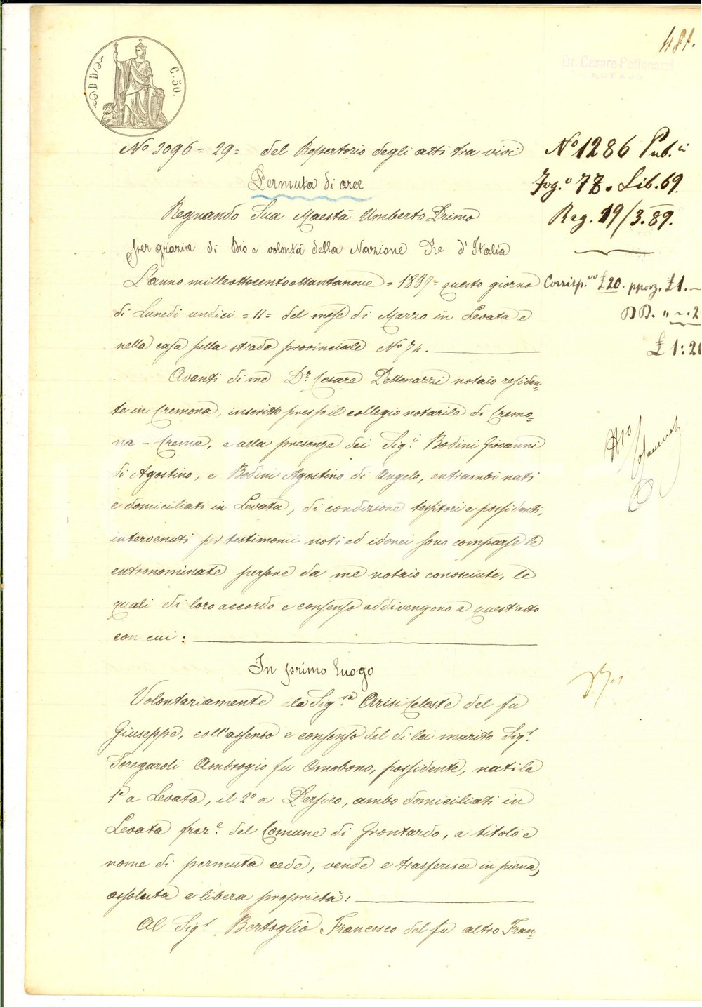 Documento originale, autentico 1889 LEVATA / GRONTARDO Permuta di terre tra Celeste ARISI e Francesco BERTOGLIO 1