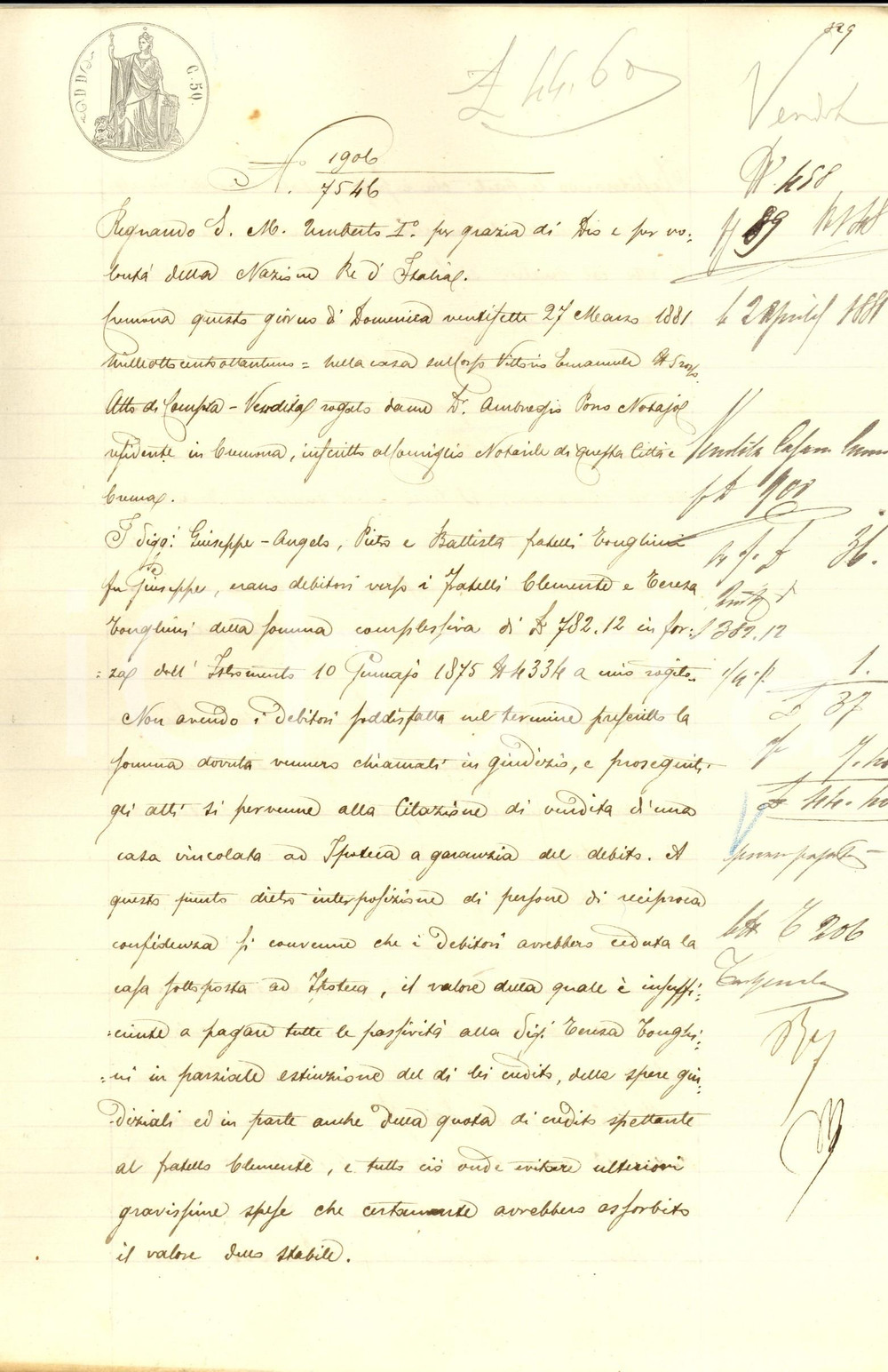 Documento originale, autentico 1881 LEVATA / GRONTARDO Fratelli TONGHINI vendono casa alla sorella Teresa 1