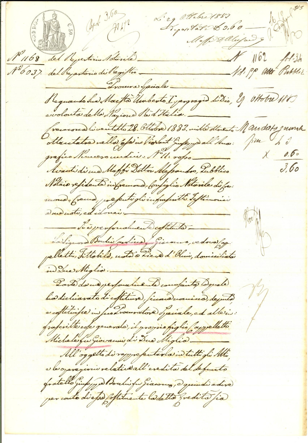 Documento originale, autentico 1883 DUEMIGLIA CREMONA Procura di Carolina BOCCHI al figlio Michele CAPPELLETTI 1