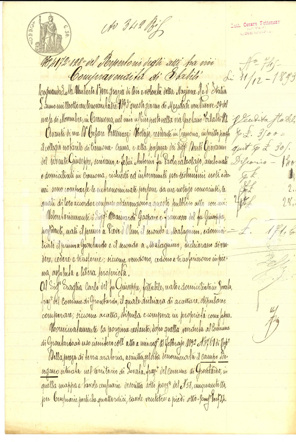 Documento originale, autentico 1893 LEVATA / GRONTARDO Gaspare MAINARDI vende campo BESEGANO a Carlo SCAGLIA 1