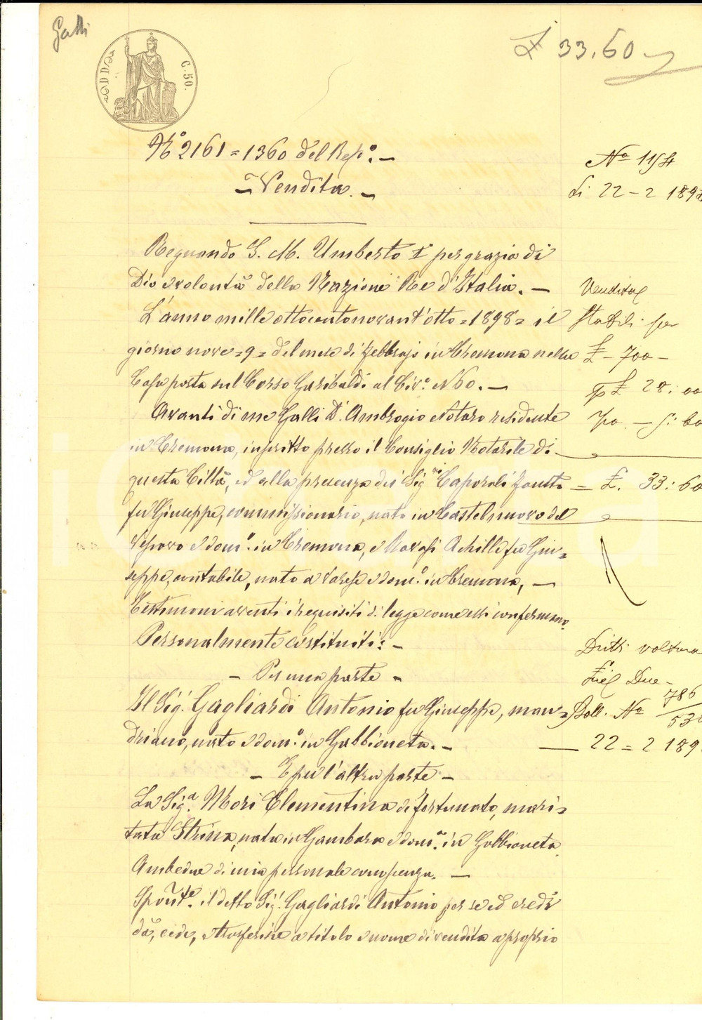 Documento originale, autentico 1898 GABBIONETA Antonio GAGLIARDI vende casetta a Clementina MORI Manoscritto 1