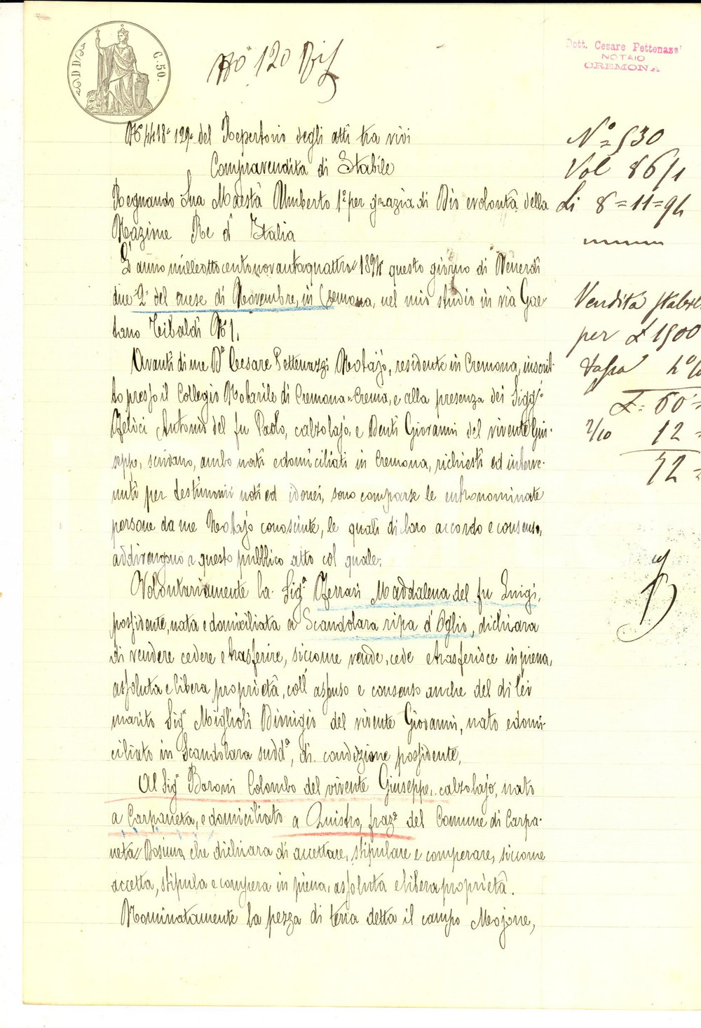 Documento originale, autentico 1894 CARPANETA/ PERSICO DOSIMO Maddalena FERRARI vende campo a Colombo BARONI 1